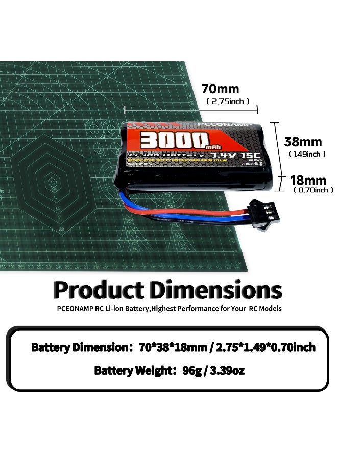 بيسيونأمب 7.4v RC بطارية 3000mAh 2S ليثيوم أيون مع SM-3P بوس قابل للشحن عالية القدرة مناسبة لـ RC خزان RC شاحنة 4WD RC صخرة الزاحف RC بطاريات السيارات مع 2 شاحن USB - Image 2